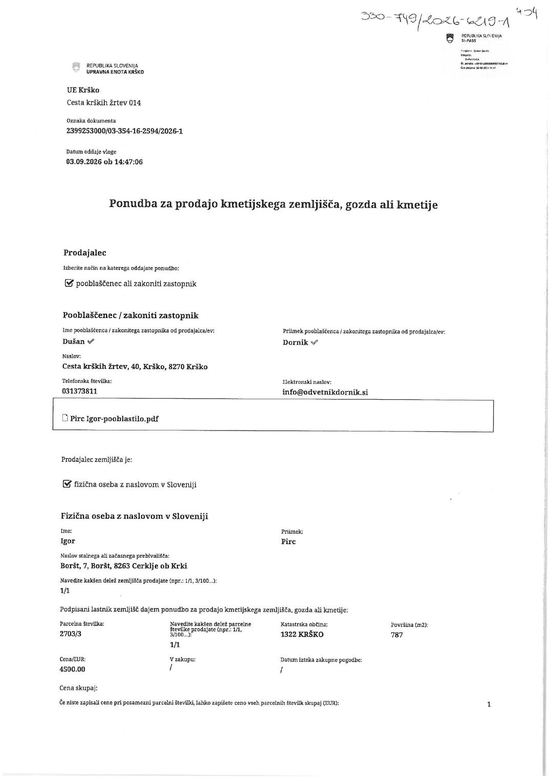 Prva stran objavljene ponudbe, kot jo je oddal prodajalec upravni enoti.