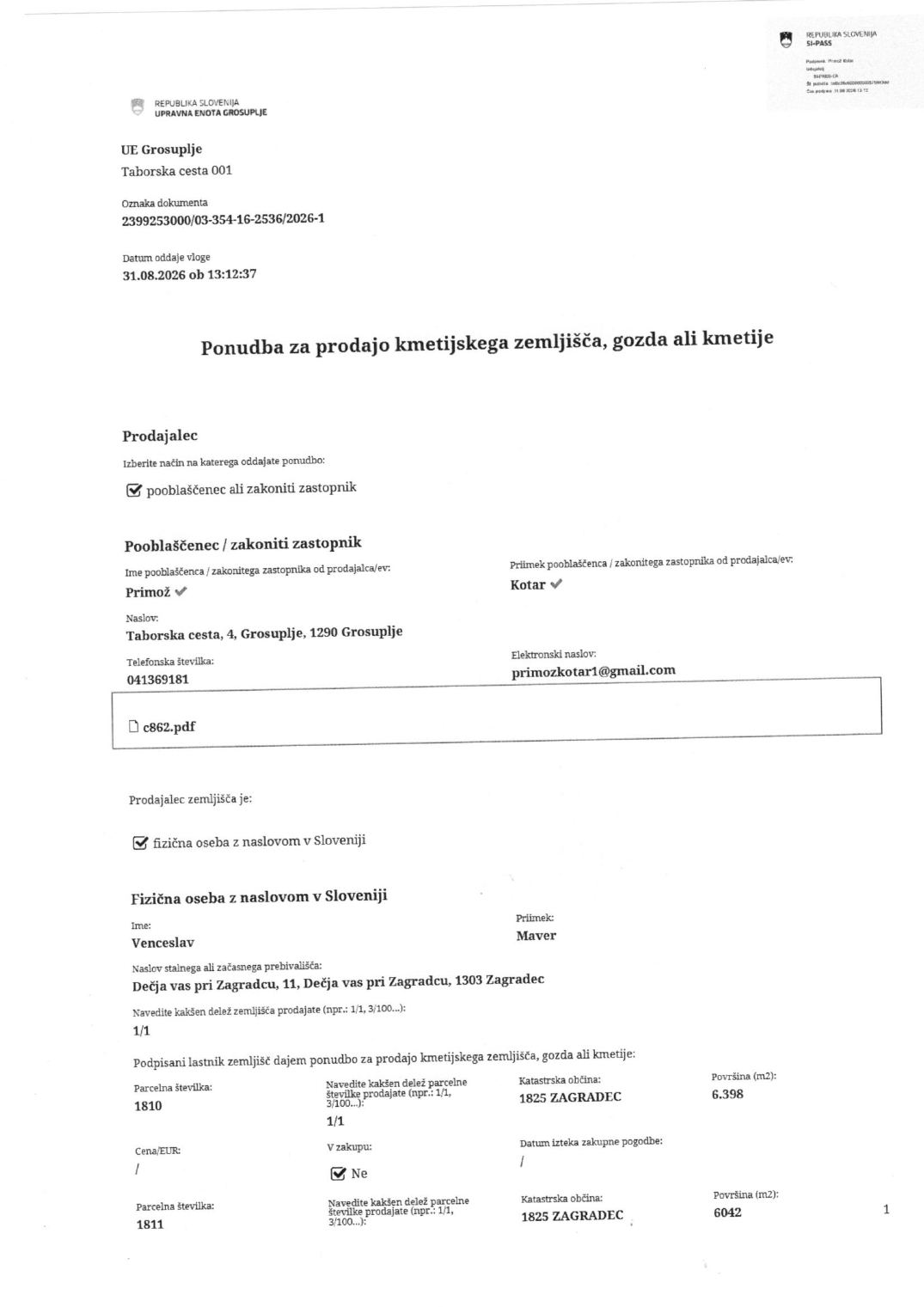 Prva stran objavljene ponudbe, kot jo je oddal prodajalec upravni enoti.