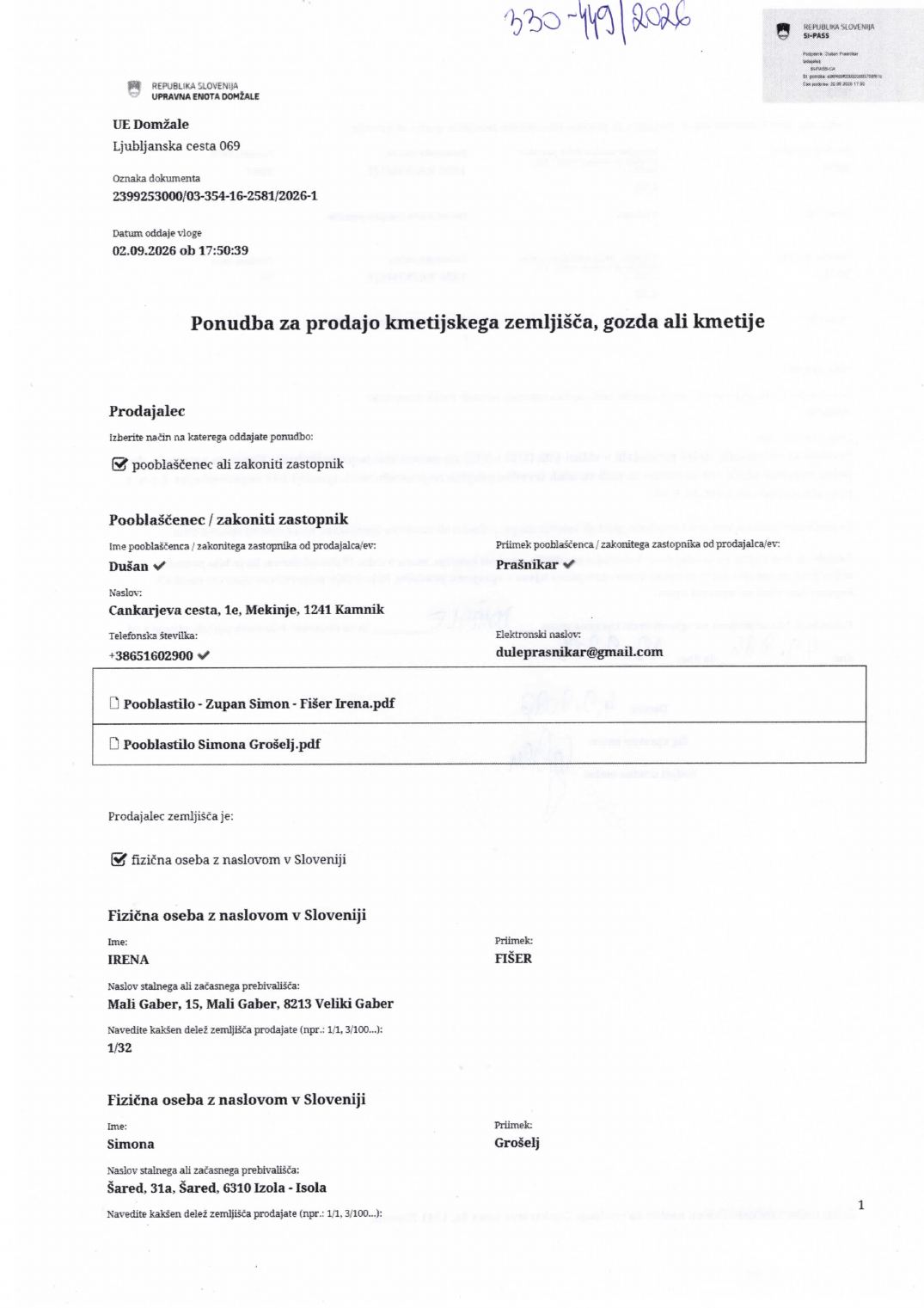 Prva stran objavljene ponudbe, kot jo je oddal prodajalec upravni enoti.