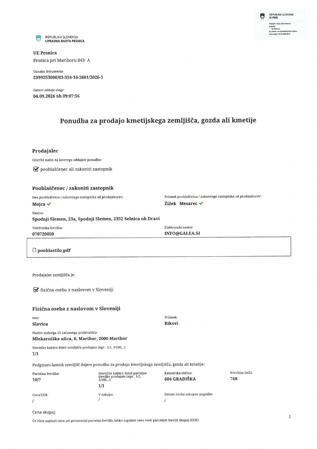 Prva stran objavljene ponudbe, kot jo je oddal prodajalec upravni enoti.