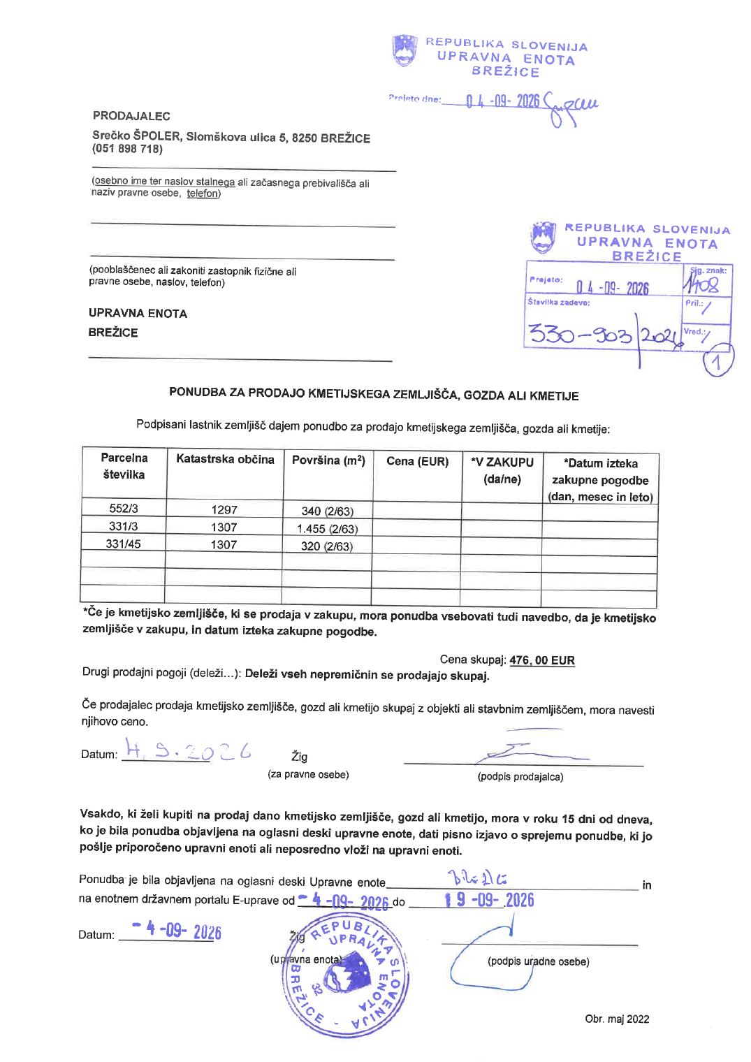 Prva stran objavljene ponudbe, kot jo je oddal prodajalec upravni enoti.