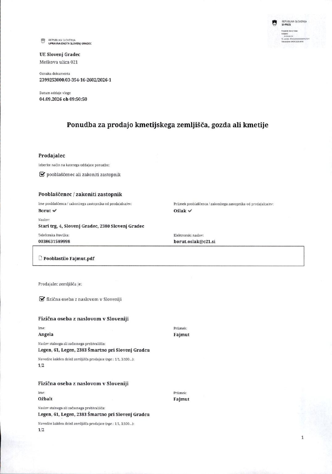 Prva stran objavljene ponudbe, kot jo je oddal prodajalec upravni enoti.