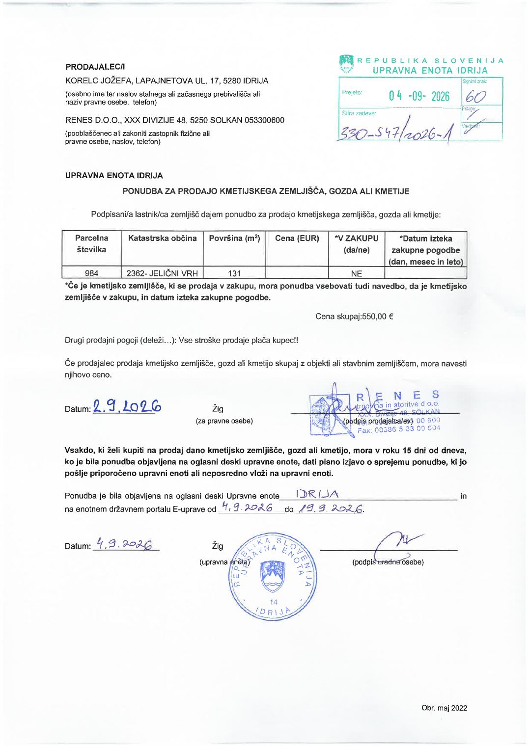Prva stran objavljene ponudbe, kot jo je oddal prodajalec upravni enoti.