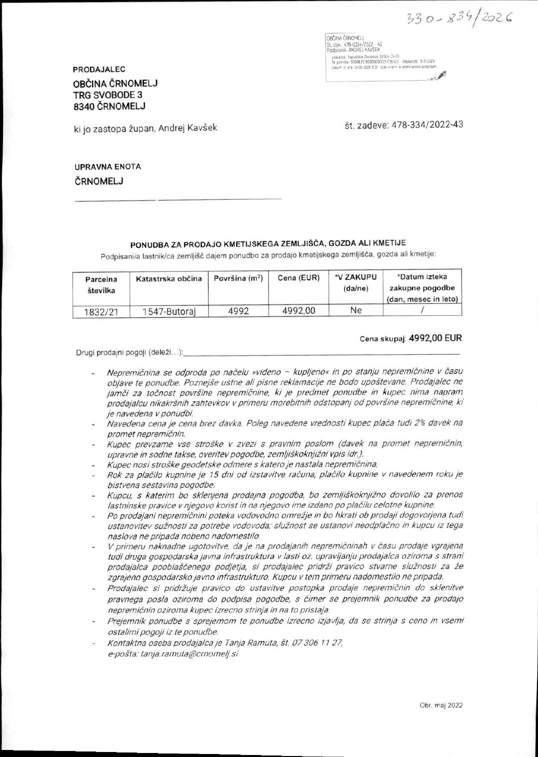 Prva stran objavljene ponudbe, kot jo je oddal prodajalec upravni enoti.