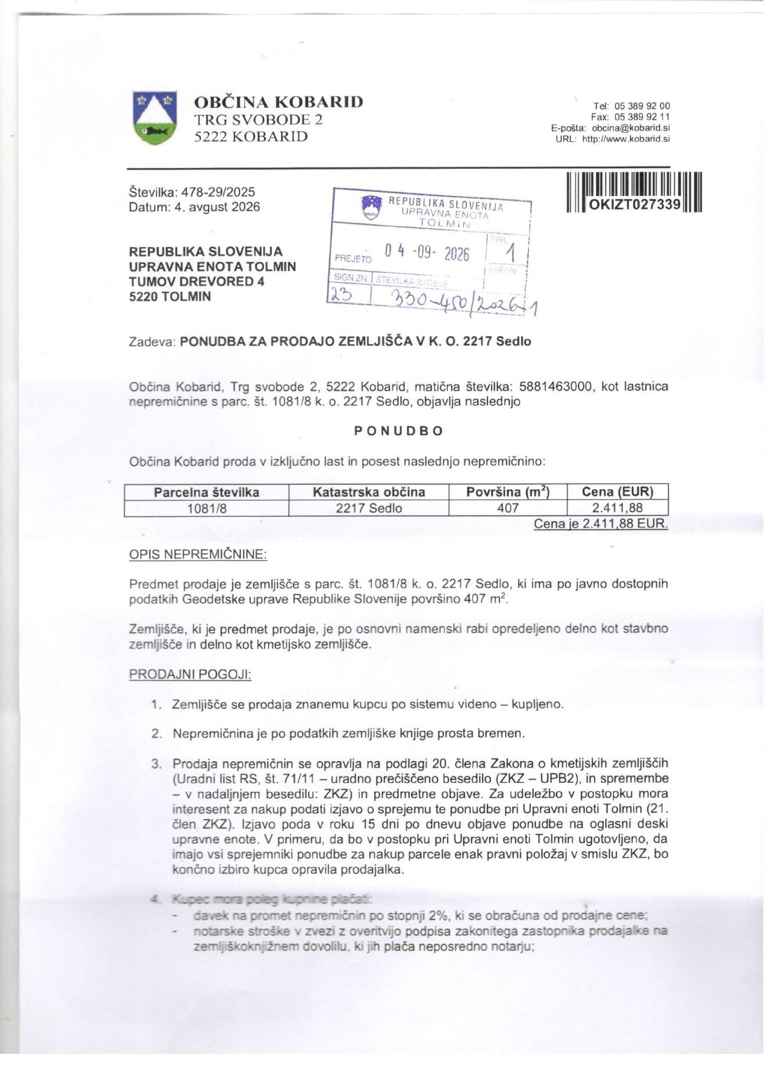 Prva stran objavljene ponudbe, kot jo je oddal prodajalec upravni enoti.