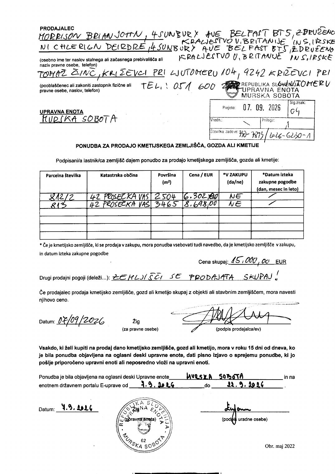 Prva stran objavljene ponudbe, kot jo je oddal prodajalec upravni enoti.