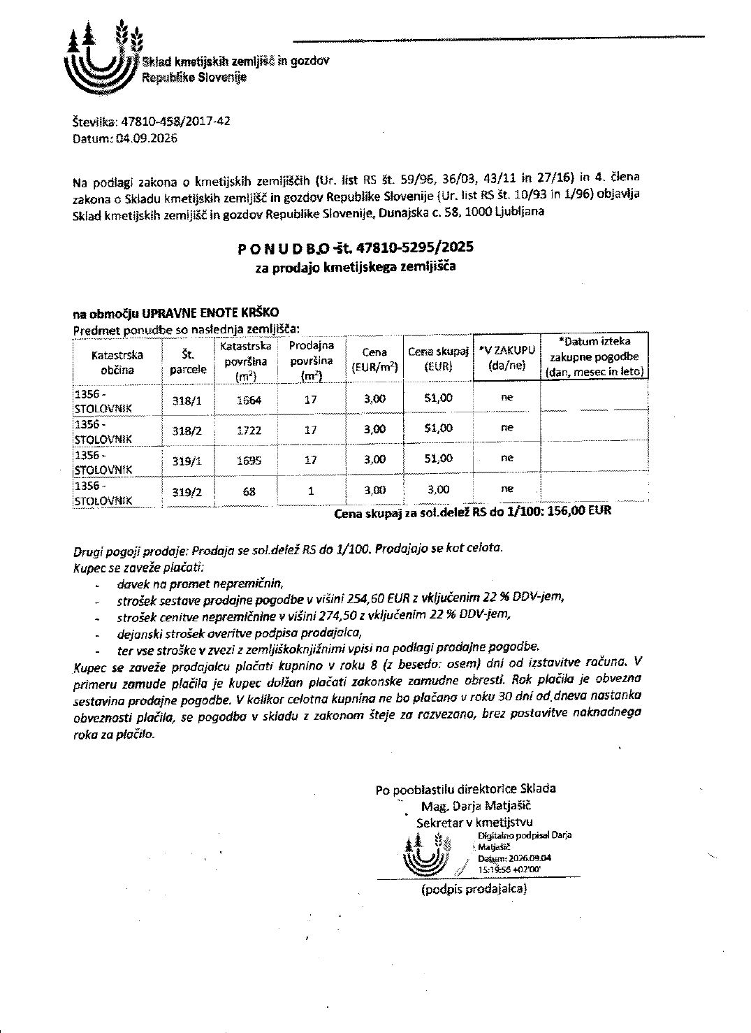 Prva stran objavljene ponudbe, kot jo je oddal prodajalec upravni enoti.