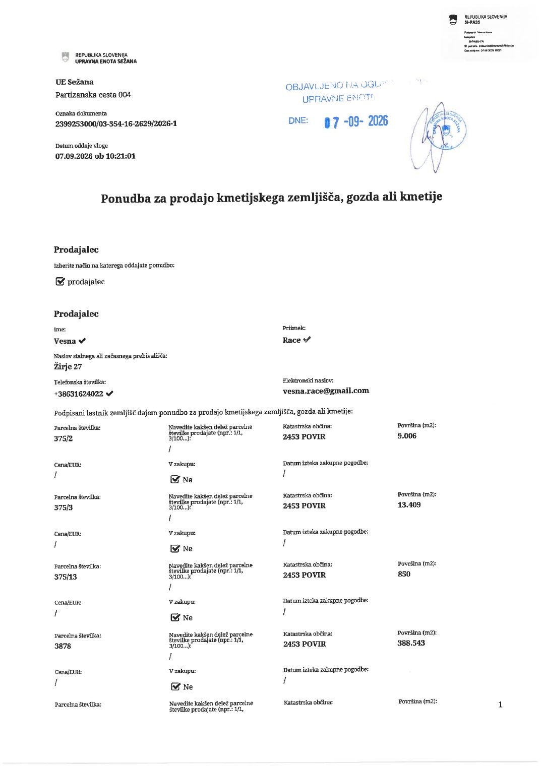 Prva stran objavljene ponudbe, kot jo je oddal prodajalec upravni enoti.