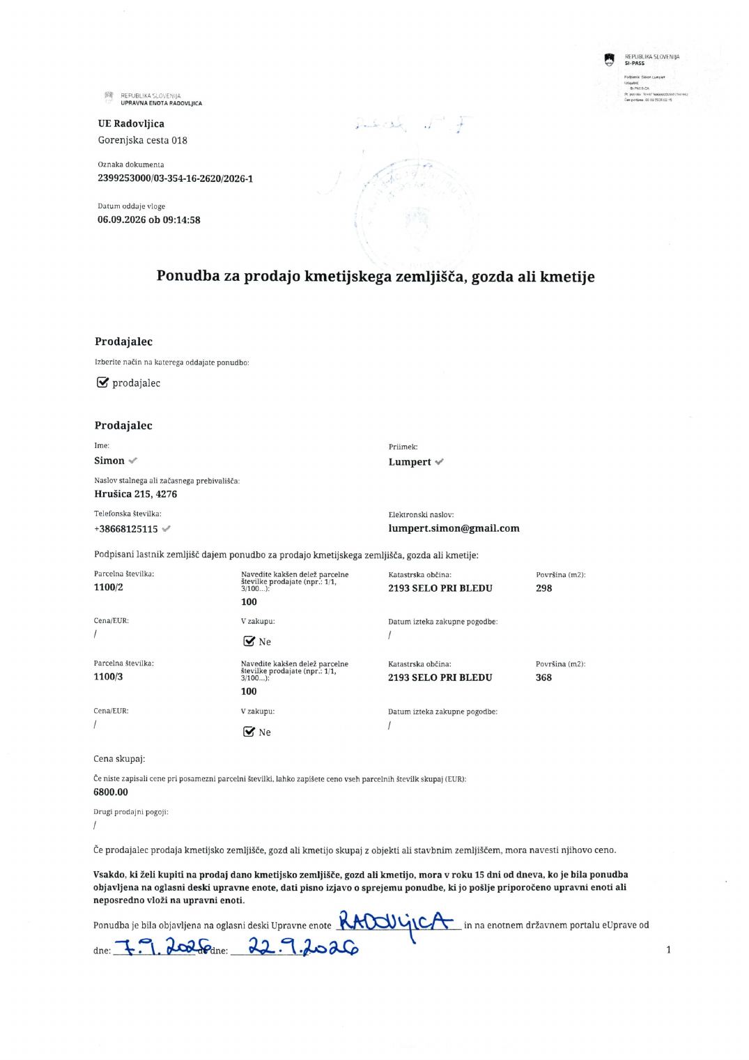 Prva stran objavljene ponudbe, kot jo je oddal prodajalec upravni enoti.