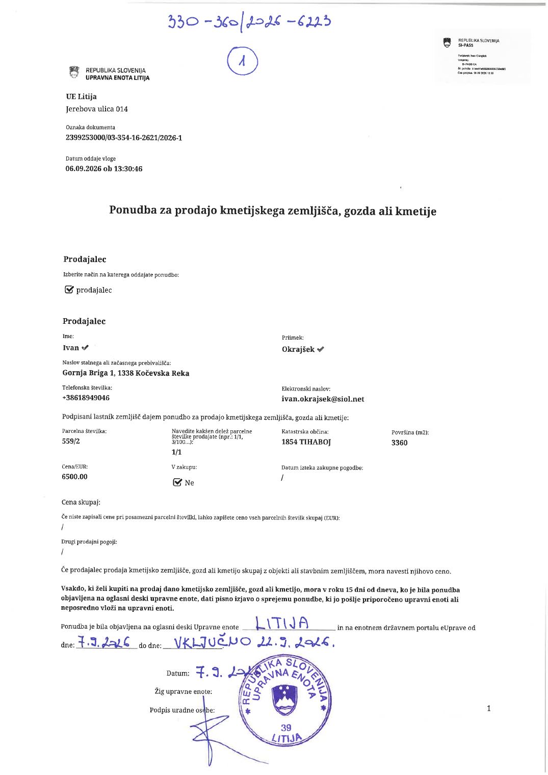 Prva stran objavljene ponudbe, kot jo je oddal prodajalec upravni enoti.