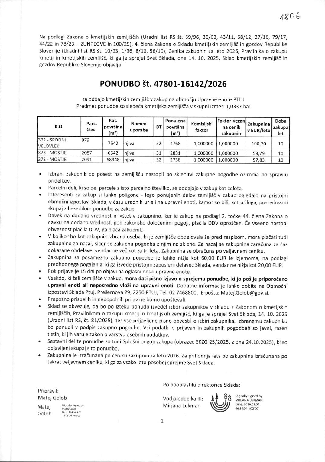 Prva stran objavljene ponudbe, kot jo je oddal prodajalec upravni enoti.