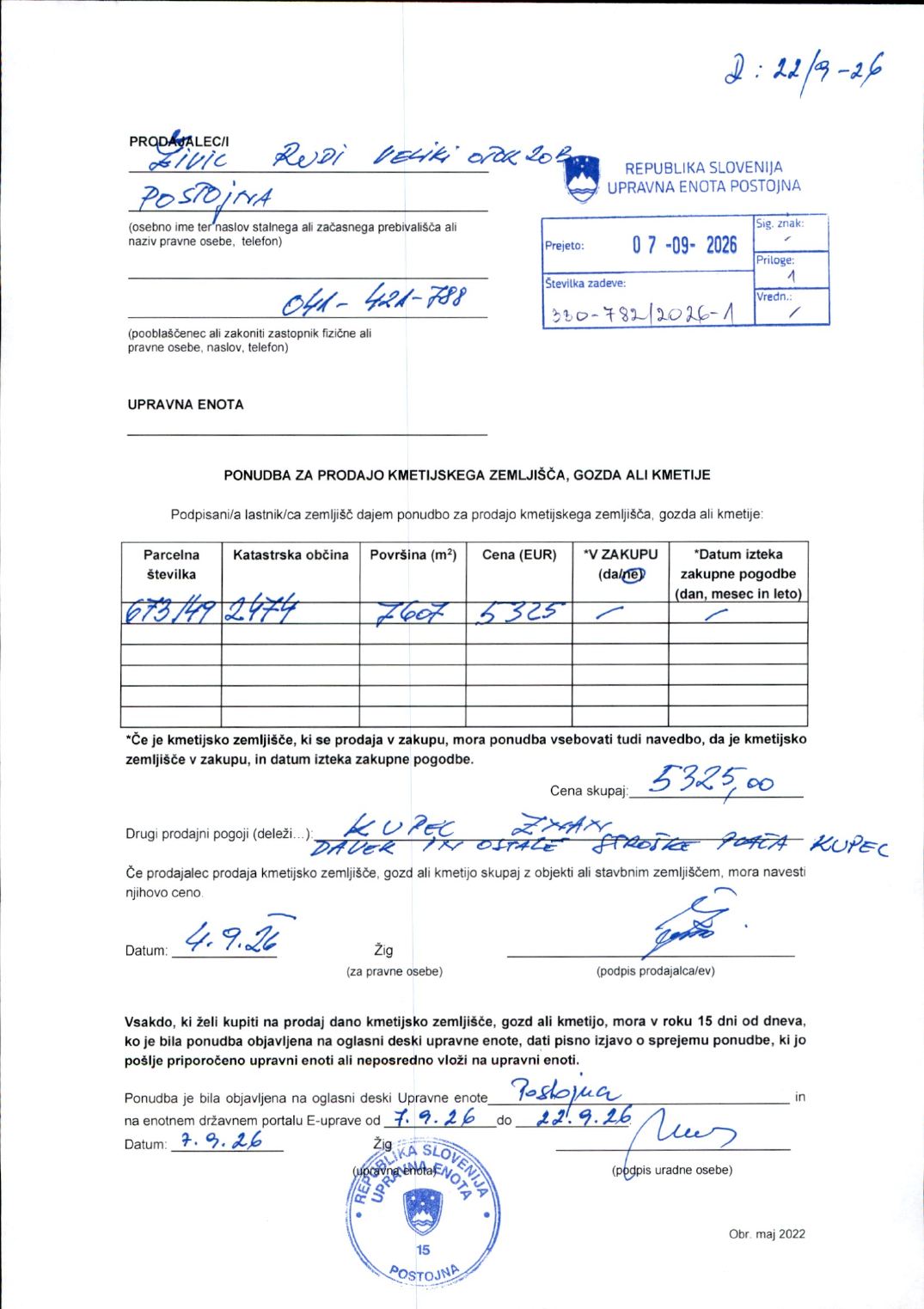 Prva stran objavljene ponudbe, kot jo je oddal prodajalec upravni enoti.