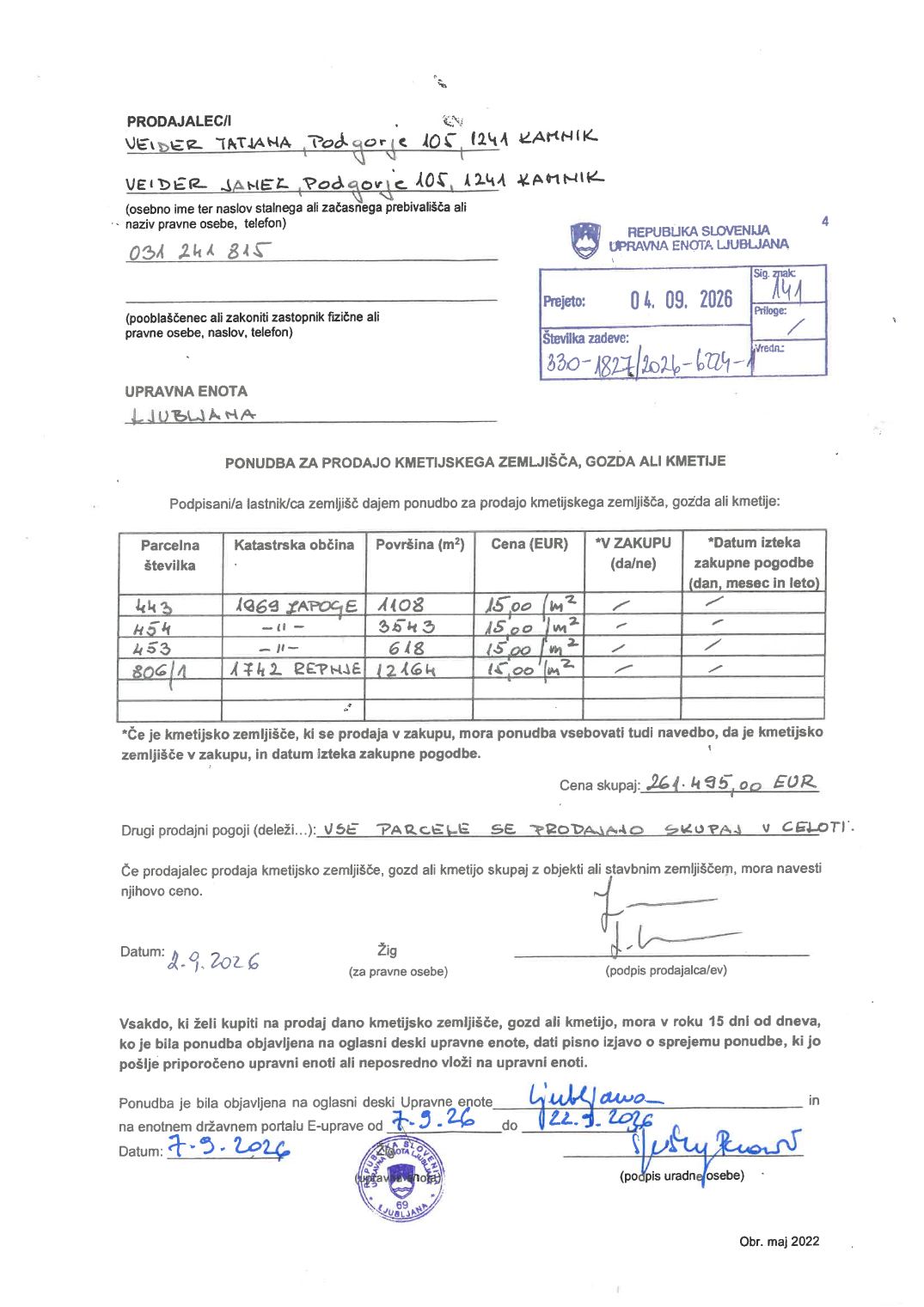 Prva stran objavljene ponudbe, kot jo je oddal prodajalec upravni enoti.
