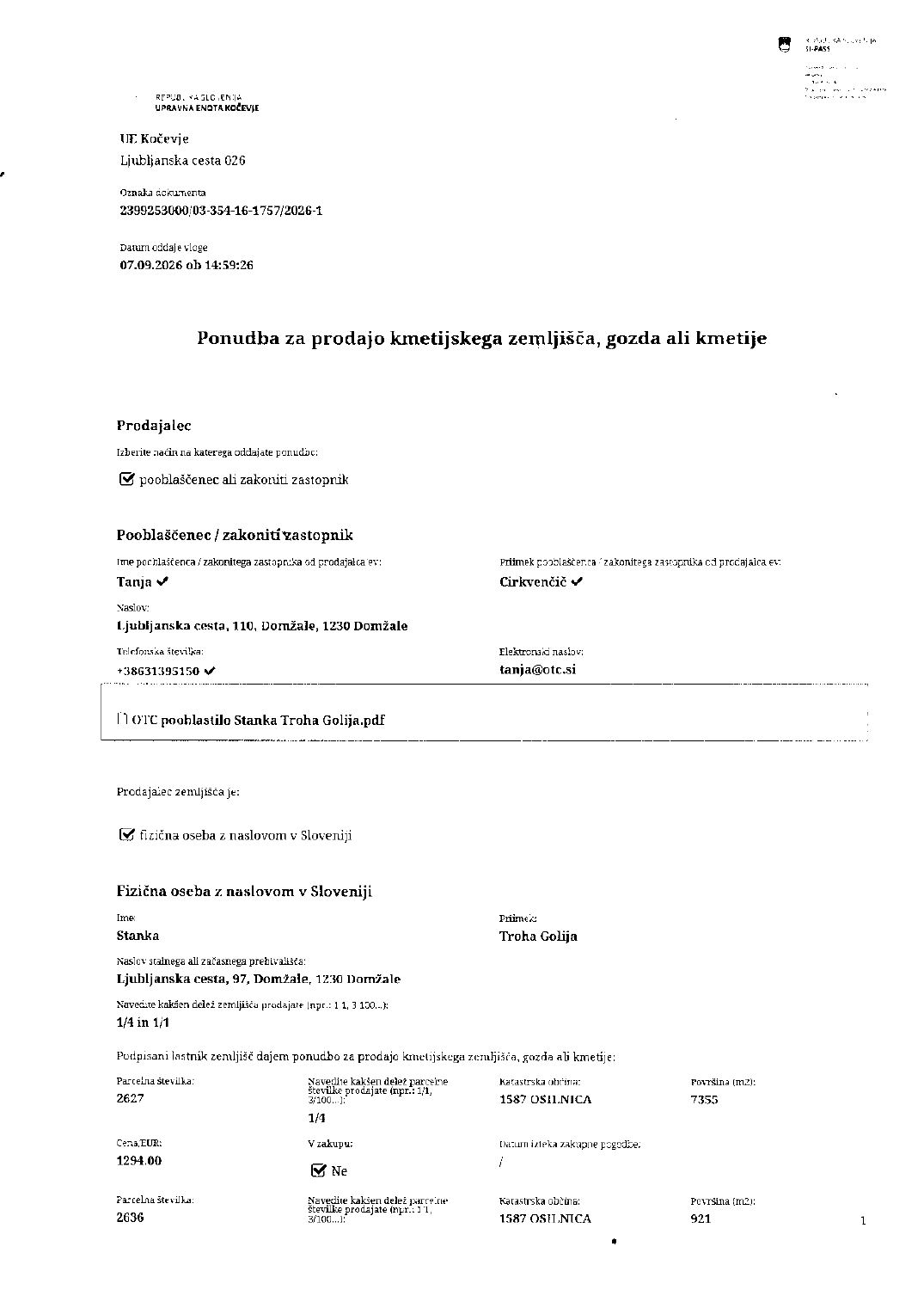 Prva stran objavljene ponudbe, kot jo je oddal prodajalec upravni enoti.