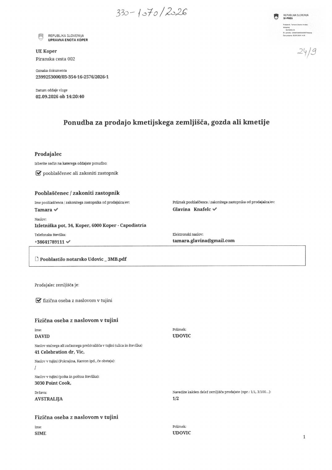 Prva stran objavljene ponudbe, kot jo je oddal prodajalec upravni enoti.