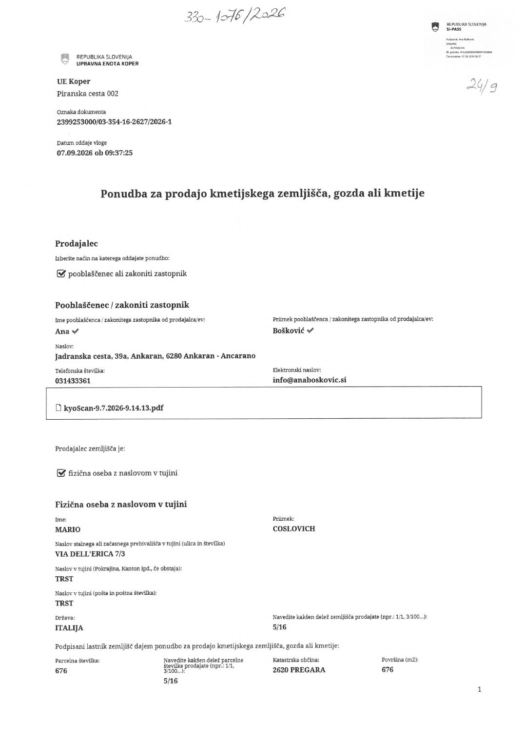 Prva stran objavljene ponudbe, kot jo je oddal prodajalec upravni enoti.