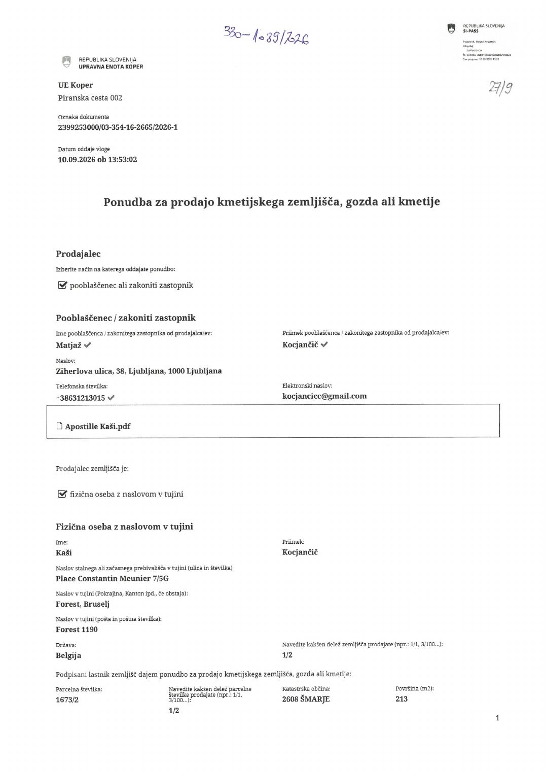 Prva stran objavljene ponudbe, kot jo je oddal prodajalec upravni enoti.