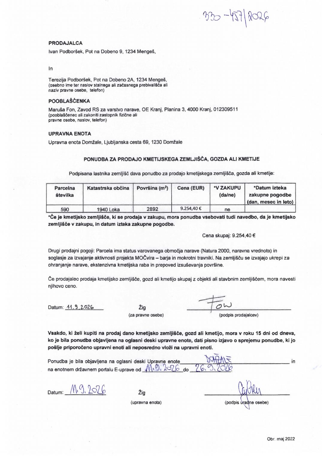 Prva stran objavljene ponudbe, kot jo je oddal prodajalec upravni enoti.