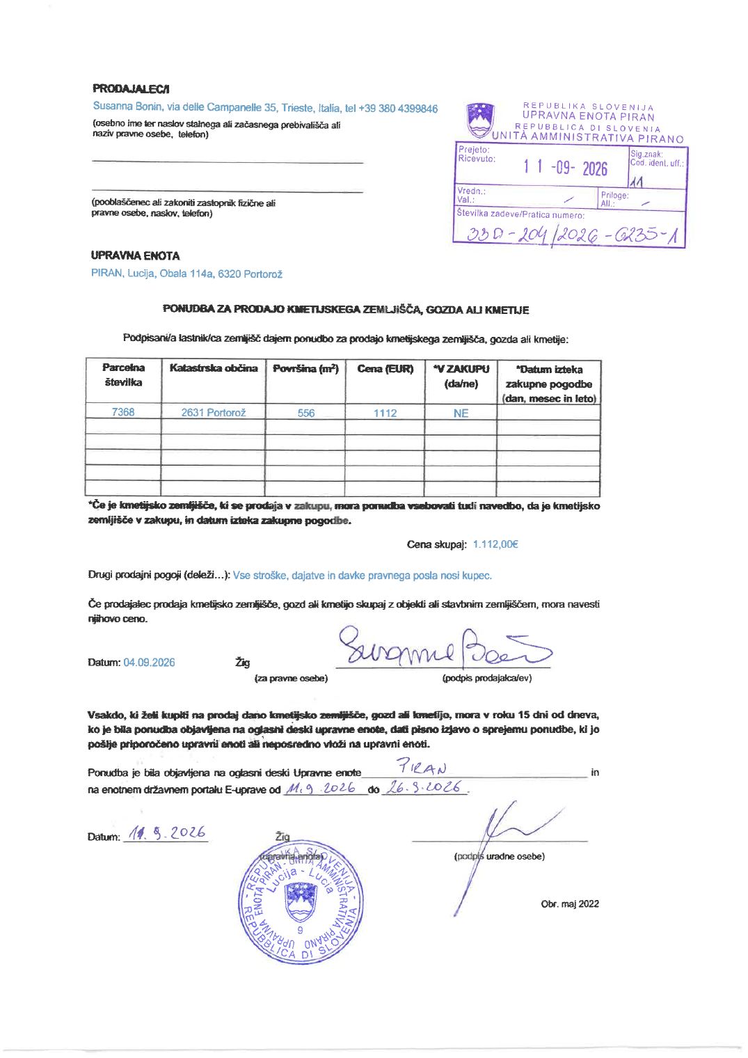 Prva stran objavljene ponudbe, kot jo je oddal prodajalec upravni enoti.