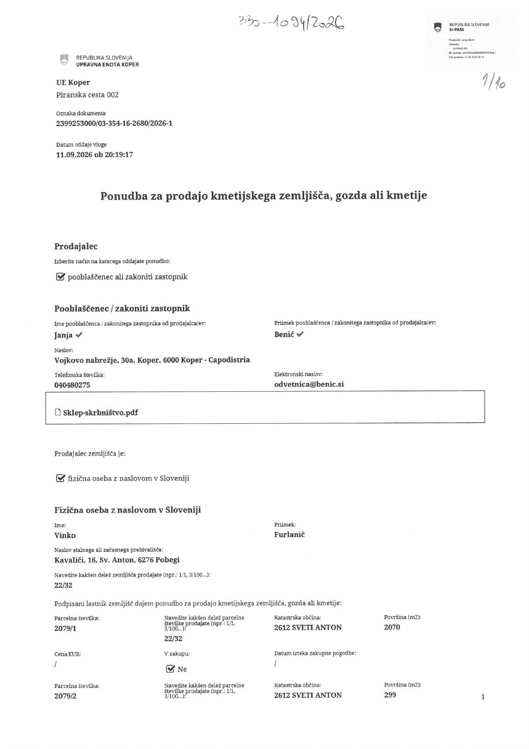 Prva stran objavljene ponudbe, kot jo je oddal prodajalec upravni enoti.