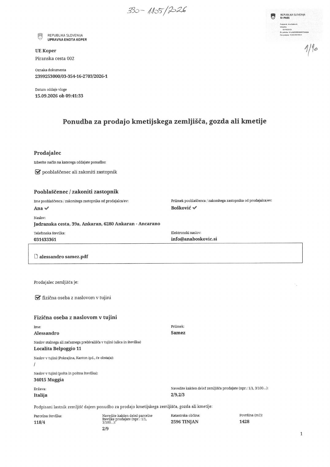 Prva stran objavljene ponudbe, kot jo je oddal prodajalec upravni enoti.
