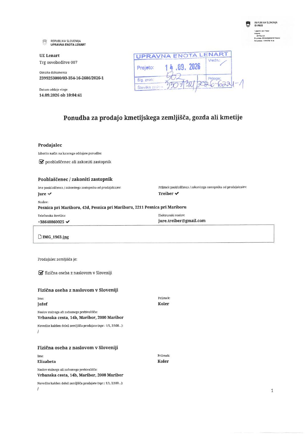 Prva stran objavljene ponudbe, kot jo je oddal prodajalec upravni enoti.
