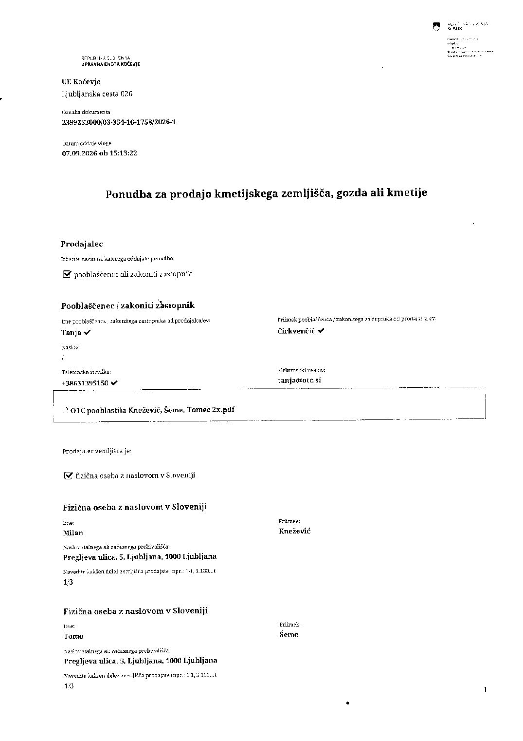 Prva stran objavljene ponudbe, kot jo je oddal prodajalec upravni enoti.