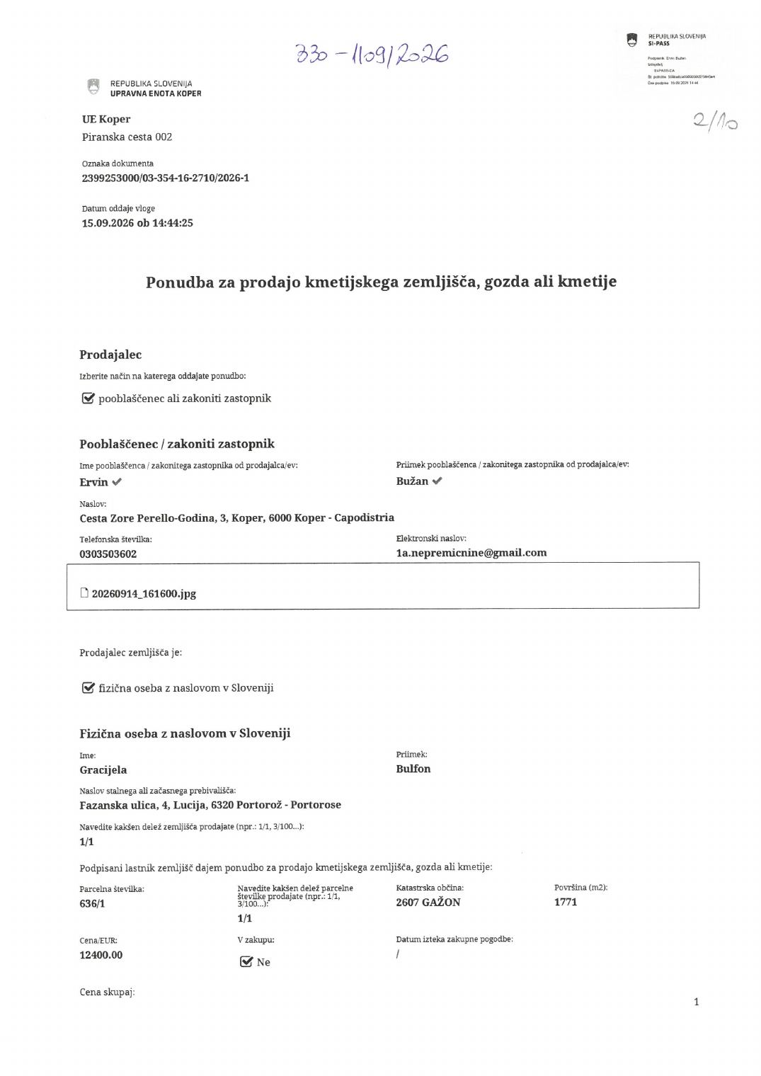 Prva stran objavljene ponudbe, kot jo je oddal prodajalec upravni enoti.