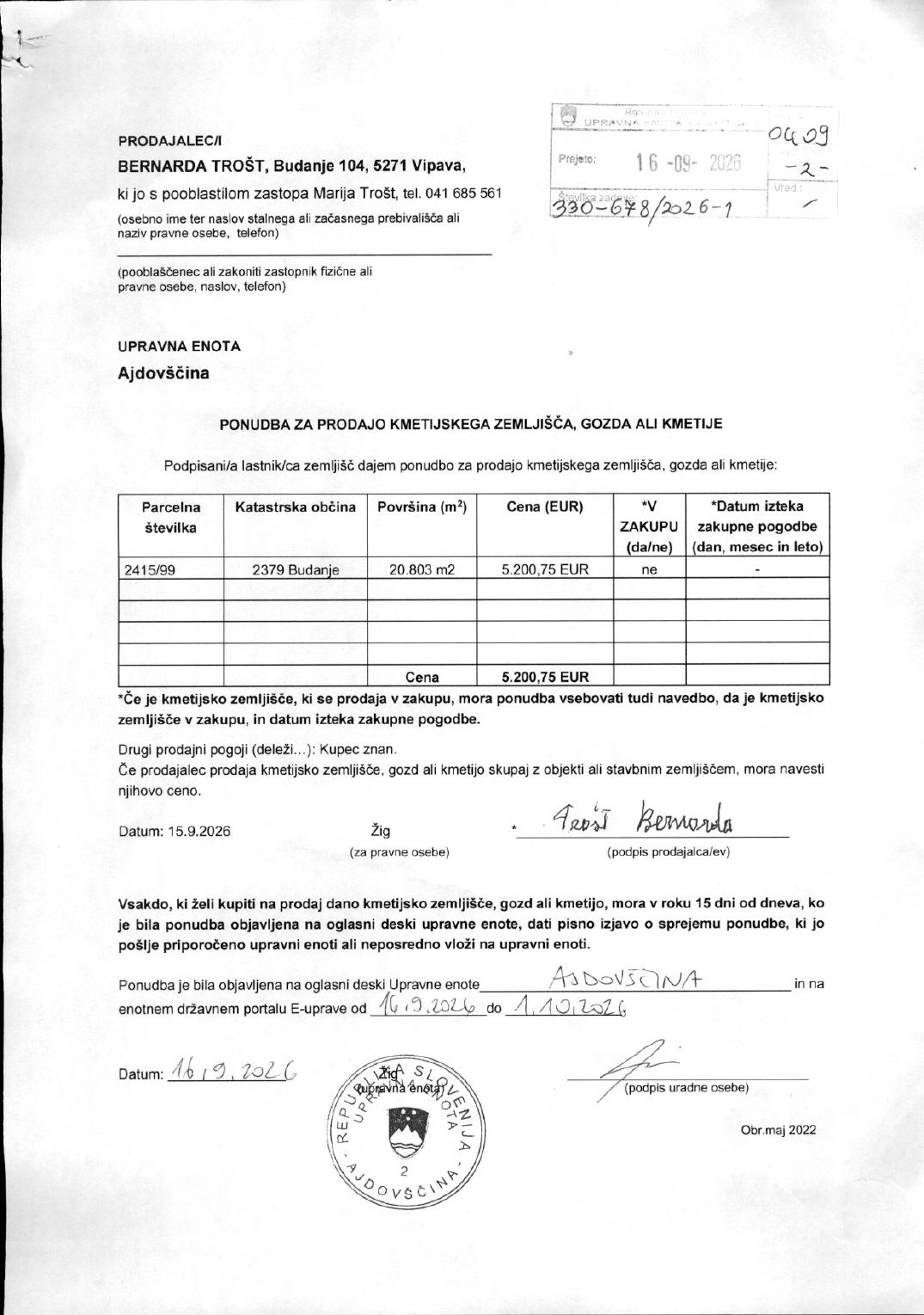 Prva stran objavljene ponudbe, kot jo je oddal prodajalec upravni enoti.