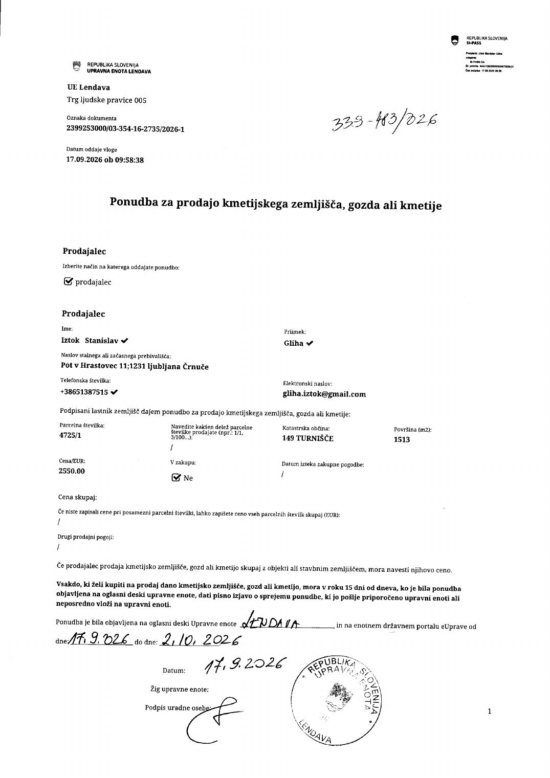 Prva stran objavljene ponudbe, kot jo je oddal prodajalec upravni enoti.
