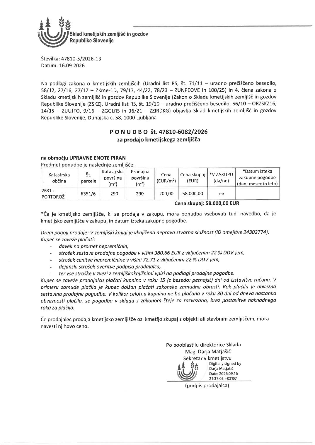 Prva stran objavljene ponudbe, kot jo je oddal prodajalec upravni enoti.