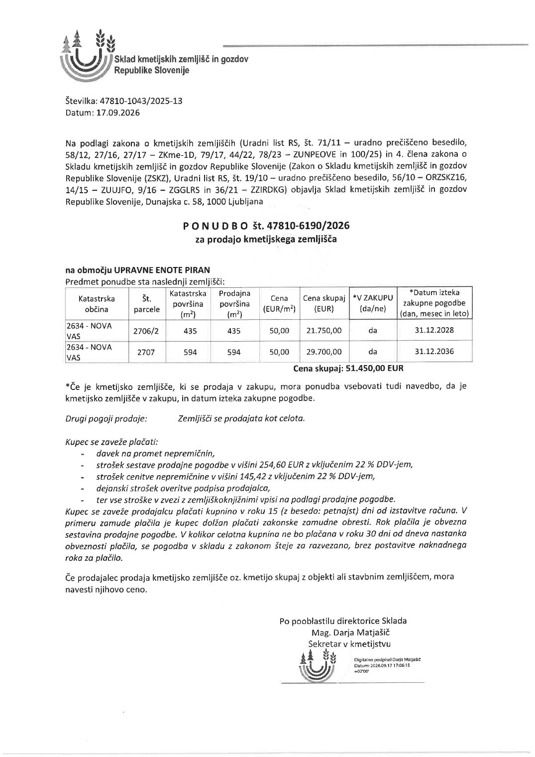 Prva stran objavljene ponudbe, kot jo je oddal prodajalec upravni enoti.