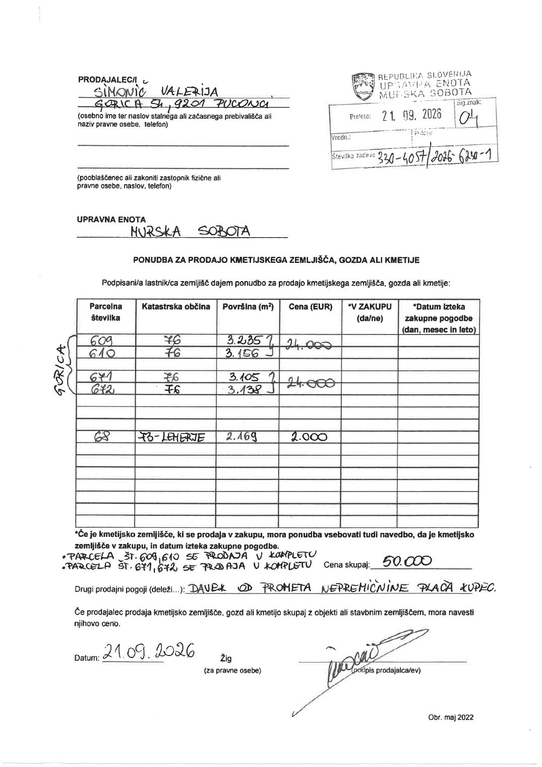 Prva stran objavljene ponudbe, kot jo je oddal prodajalec upravni enoti.