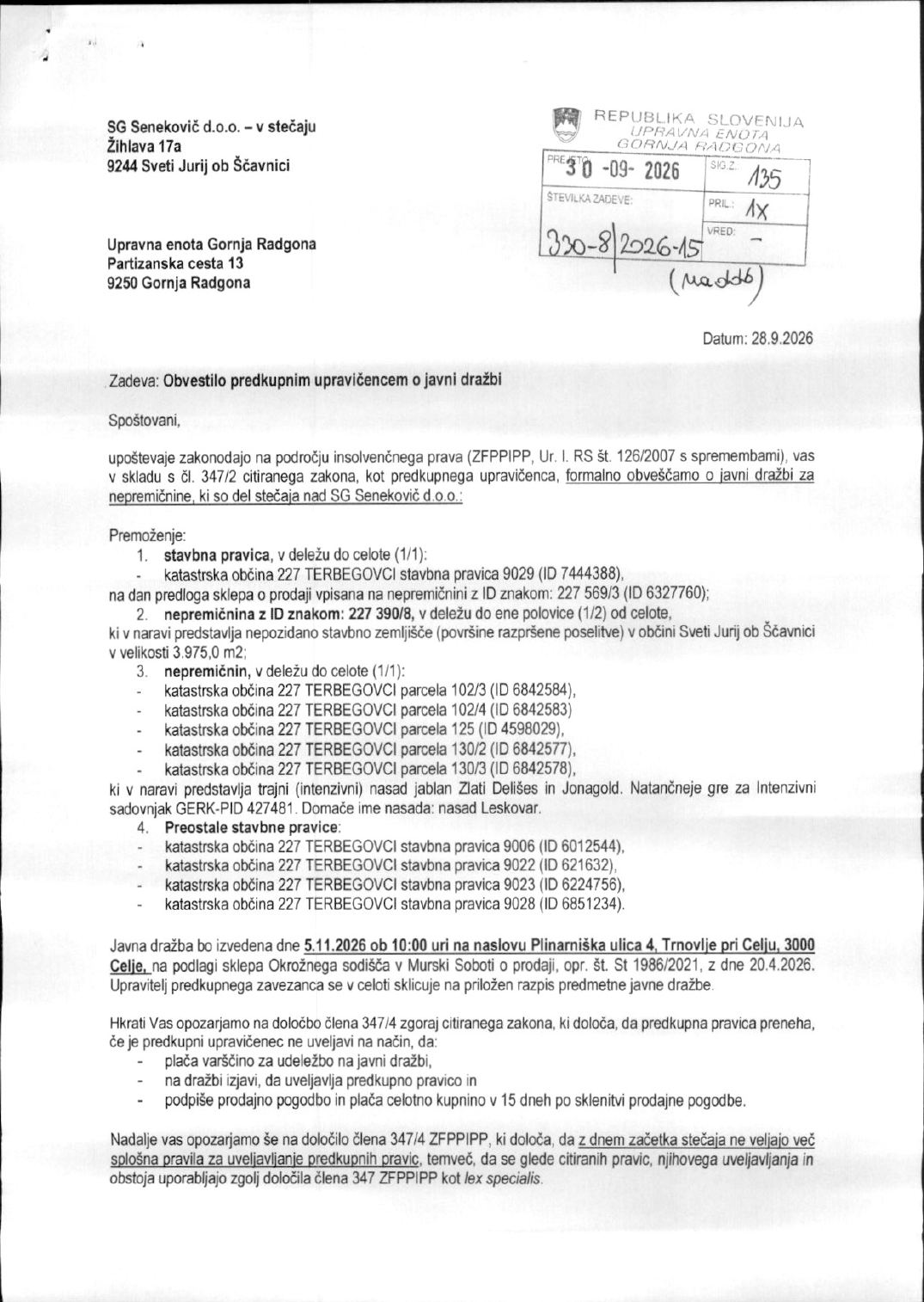 Prva stran objavljene ponudbe, kot jo je oddal prodajalec upravni enoti.