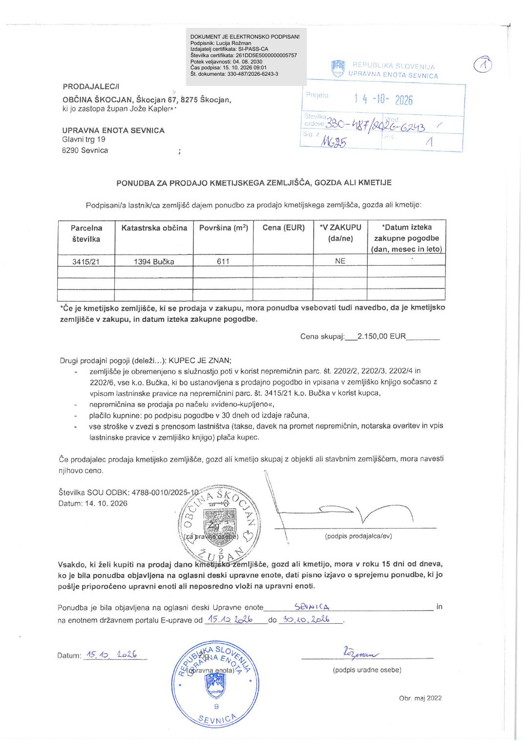 Prva stran objavljene ponudbe, kot jo je oddal prodajalec upravni enoti.