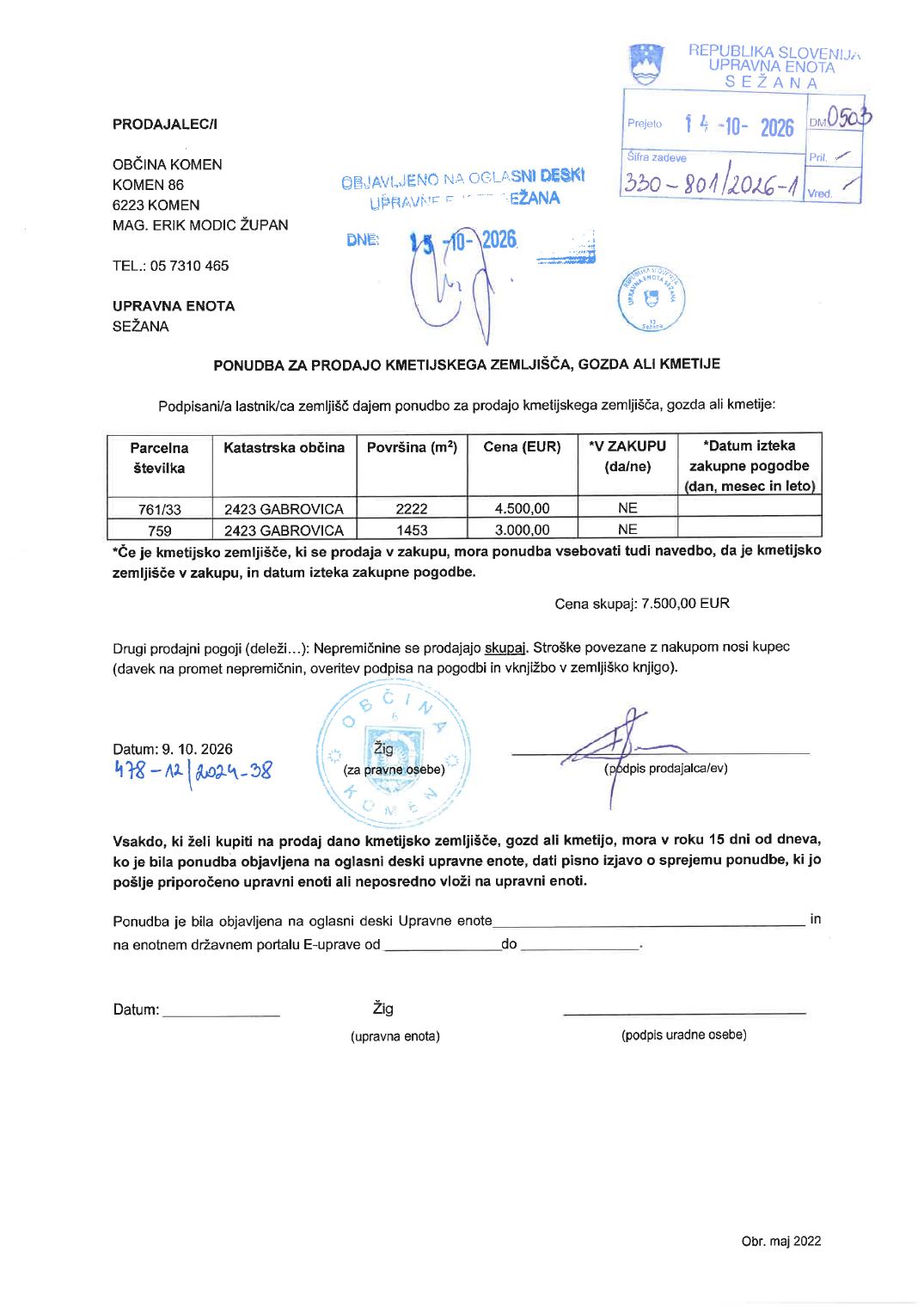 Prva stran objavljene ponudbe, kot jo je oddal prodajalec upravni enoti.