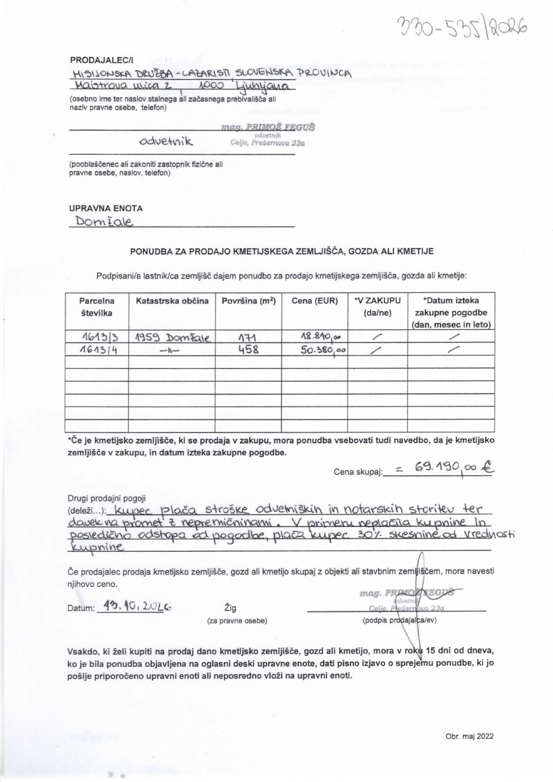 Prva stran objavljene ponudbe, kot jo je oddal prodajalec upravni enoti.