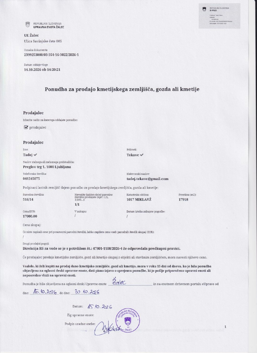 Prva stran objavljene ponudbe, kot jo je oddal prodajalec upravni enoti.