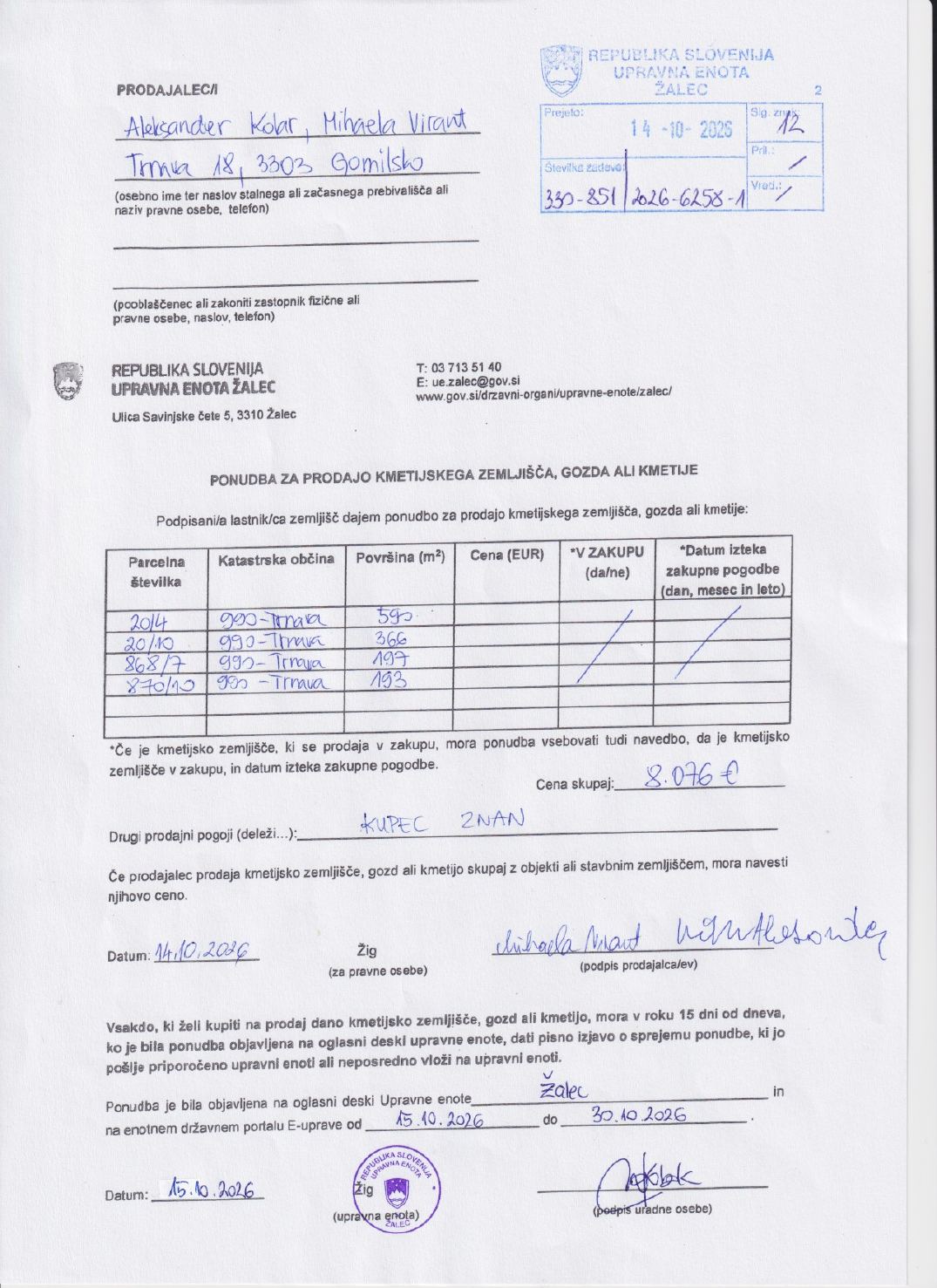 Prva stran objavljene ponudbe, kot jo je oddal prodajalec upravni enoti.