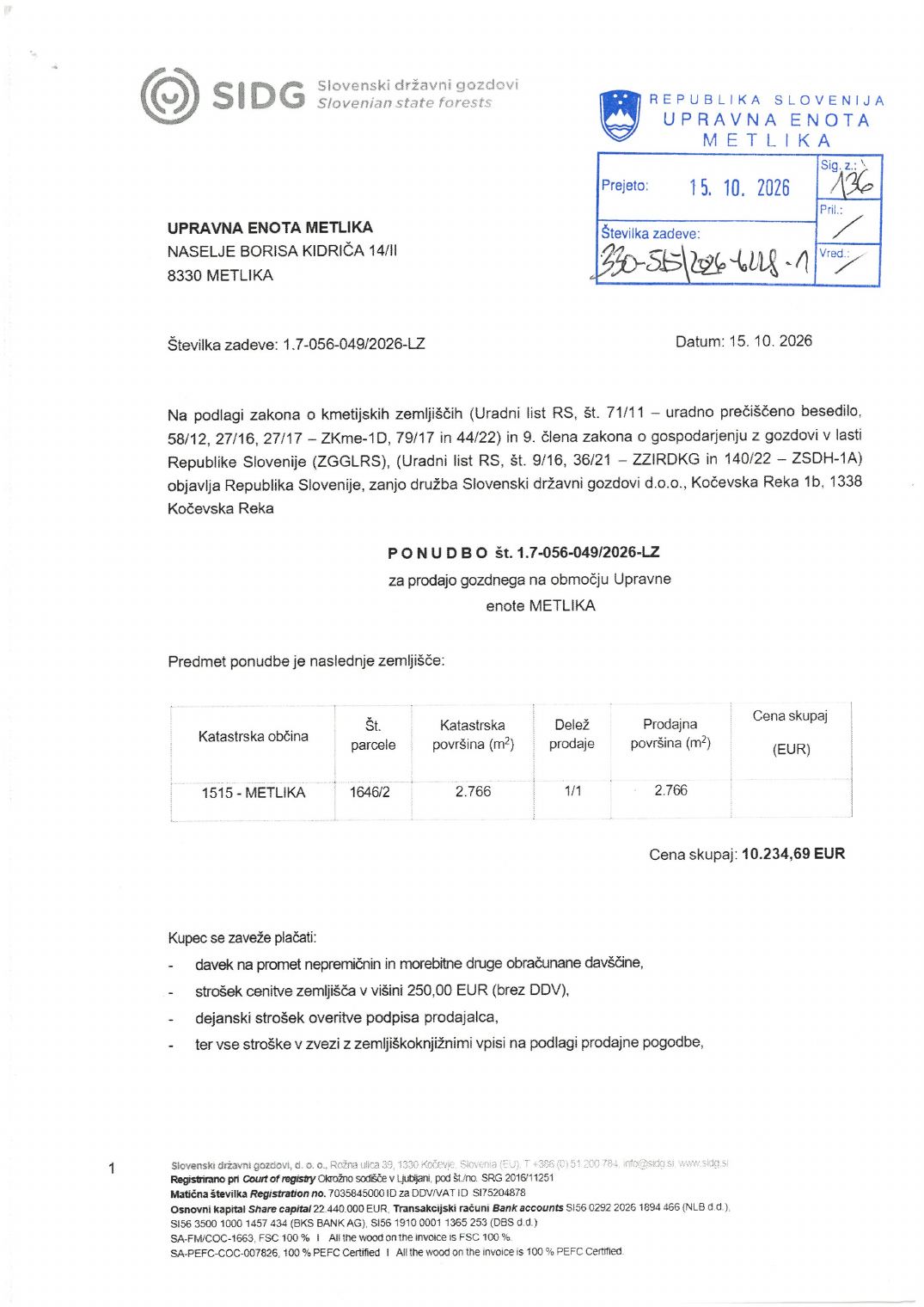 Prva stran objavljene ponudbe, kot jo je oddal prodajalec upravni enoti.