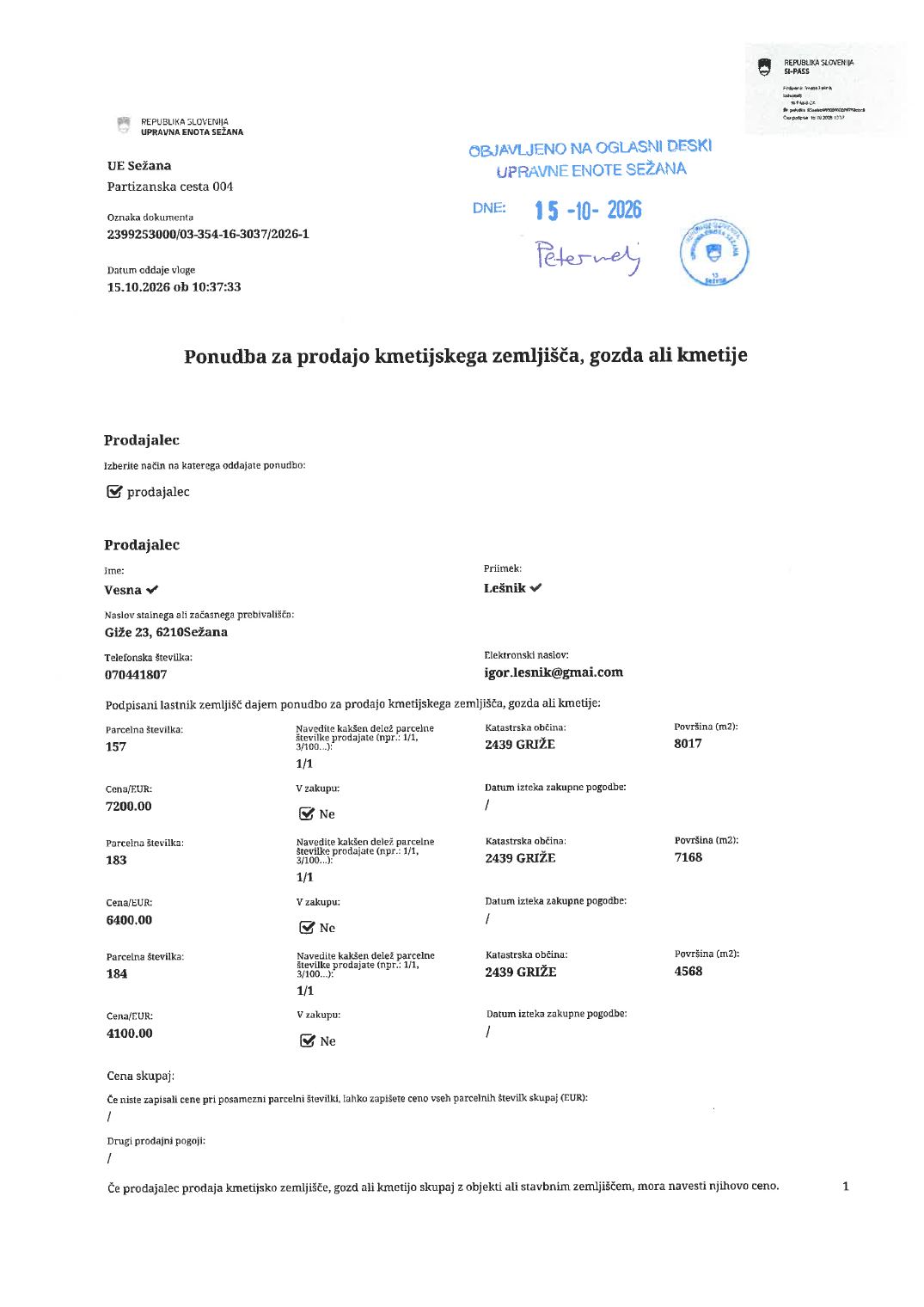 Prva stran objavljene ponudbe, kot jo je oddal prodajalec upravni enoti.