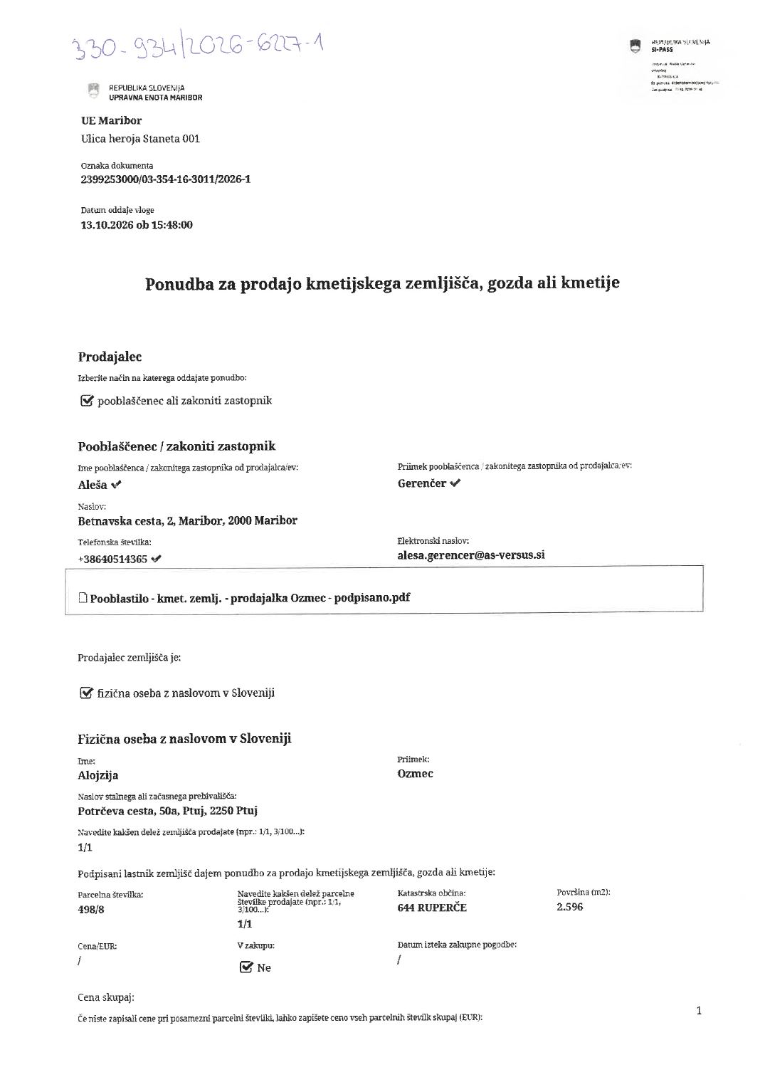 Prva stran objavljene ponudbe, kot jo je oddal prodajalec upravni enoti.