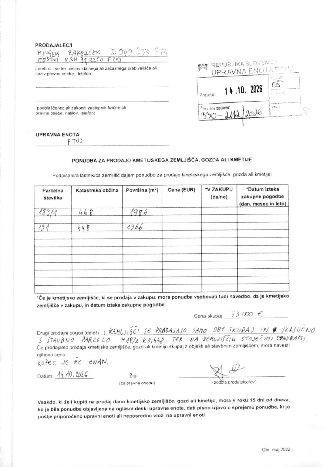 Prva stran objavljene ponudbe, kot jo je oddal prodajalec upravni enoti.