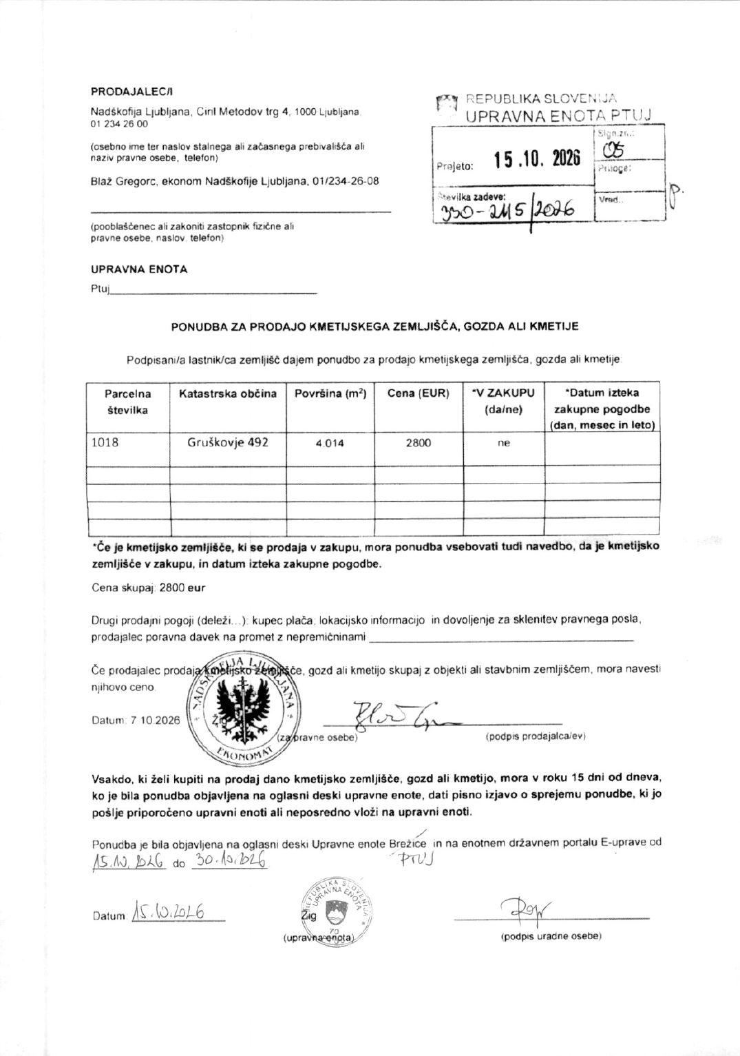 Prva stran objavljene ponudbe, kot jo je oddal prodajalec upravni enoti.