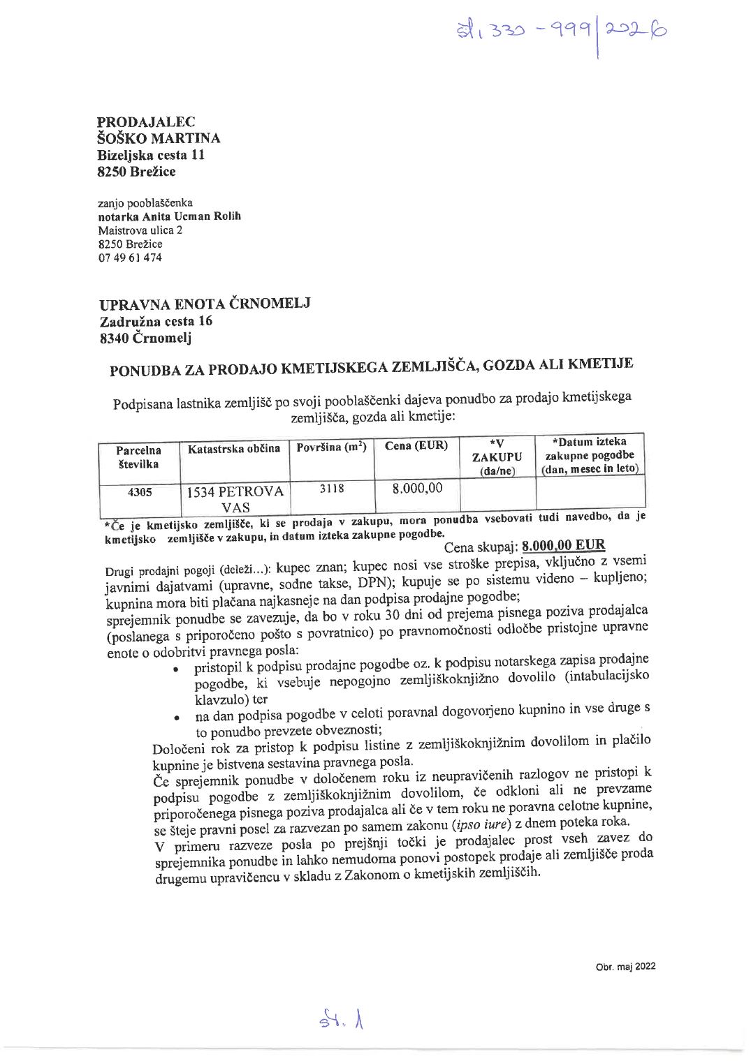 Prva stran objavljene ponudbe, kot jo je oddal prodajalec upravni enoti.