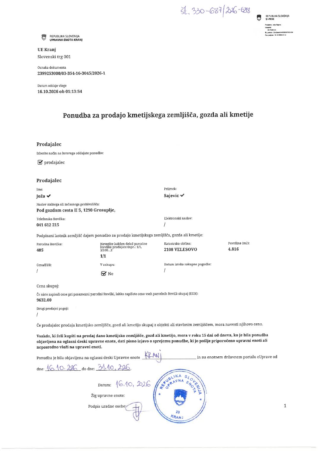 Prva stran objavljene ponudbe, kot jo je oddal prodajalec upravni enoti.