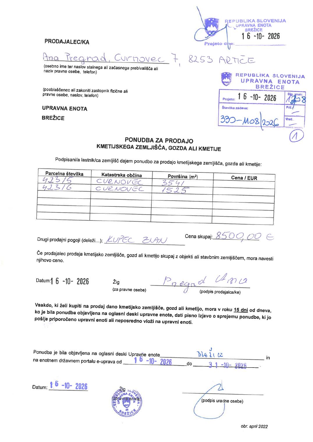 Prva stran objavljene ponudbe, kot jo je oddal prodajalec upravni enoti.