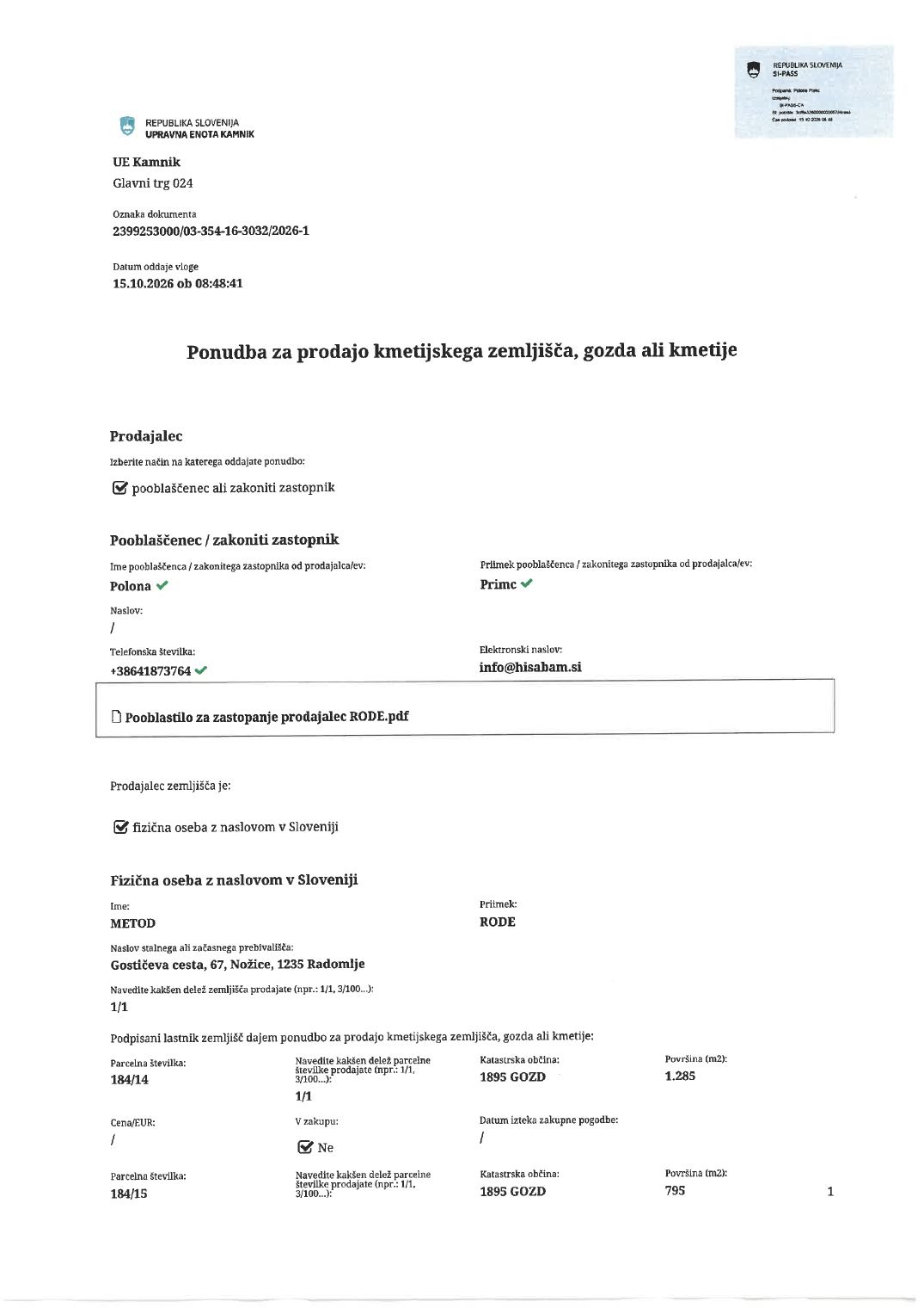 Prva stran objavljene ponudbe, kot jo je oddal prodajalec upravni enoti.