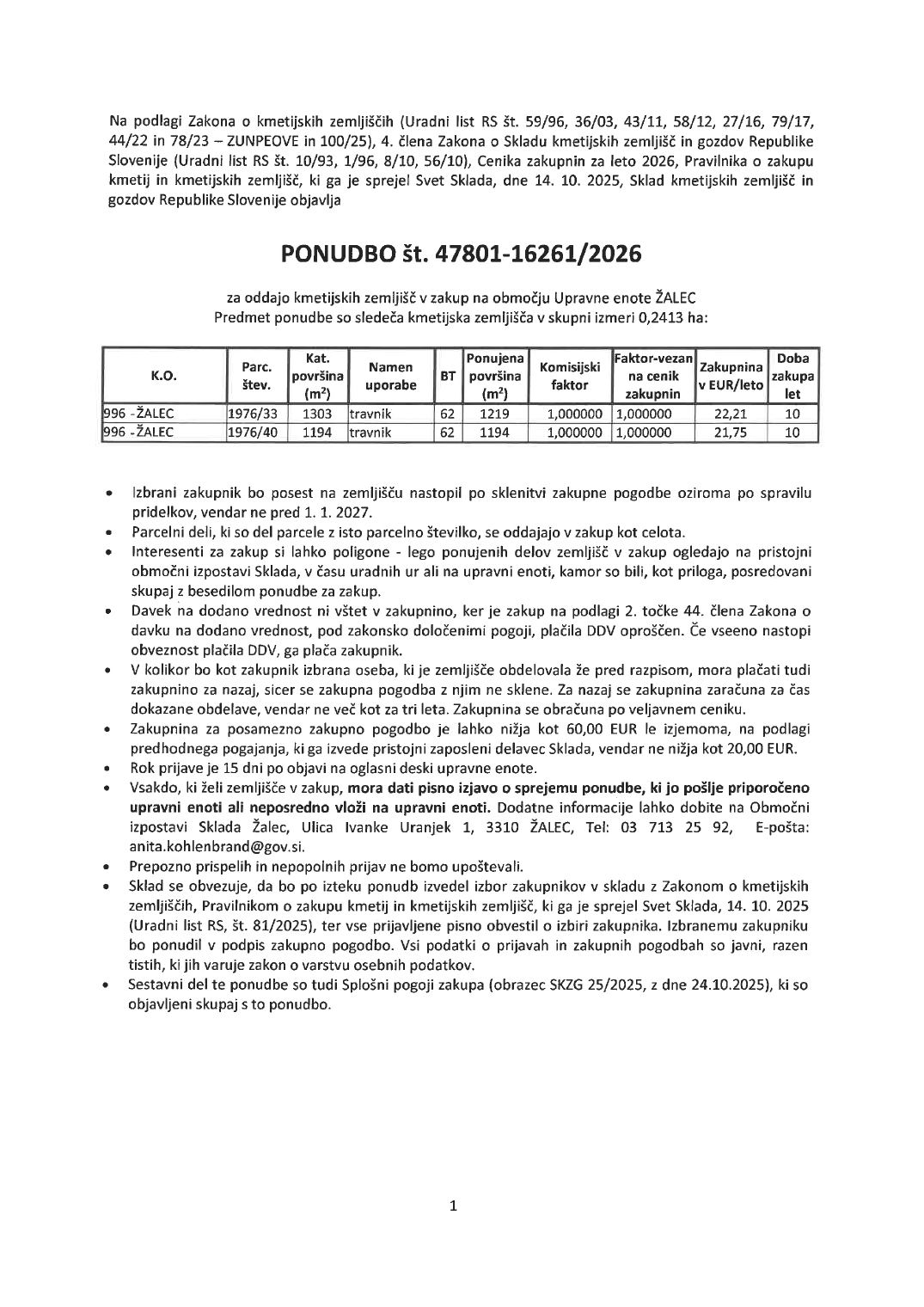 Prva stran objavljene ponudbe, kot jo je oddal prodajalec upravni enoti.