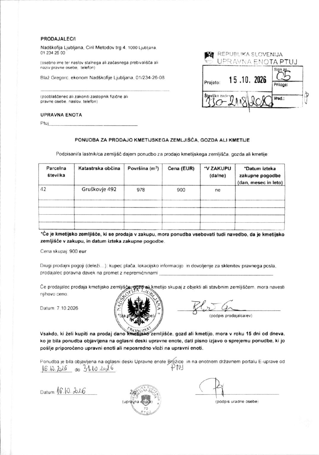 Prva stran objavljene ponudbe, kot jo je oddal prodajalec upravni enoti.
